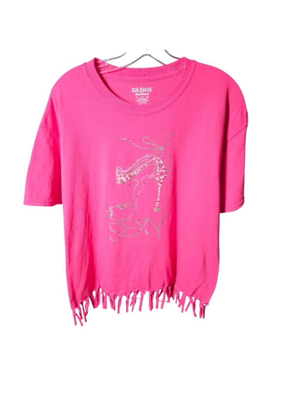 Gildan Pink DryBlend Sexy Diva Rhinestone Fringe Tee Large